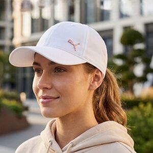 Women’s PUMA Cream Baseball Hat with Coral Metallic Logo Embroidered